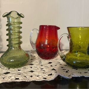 Set of Colorful Glass Pitchers and Vase